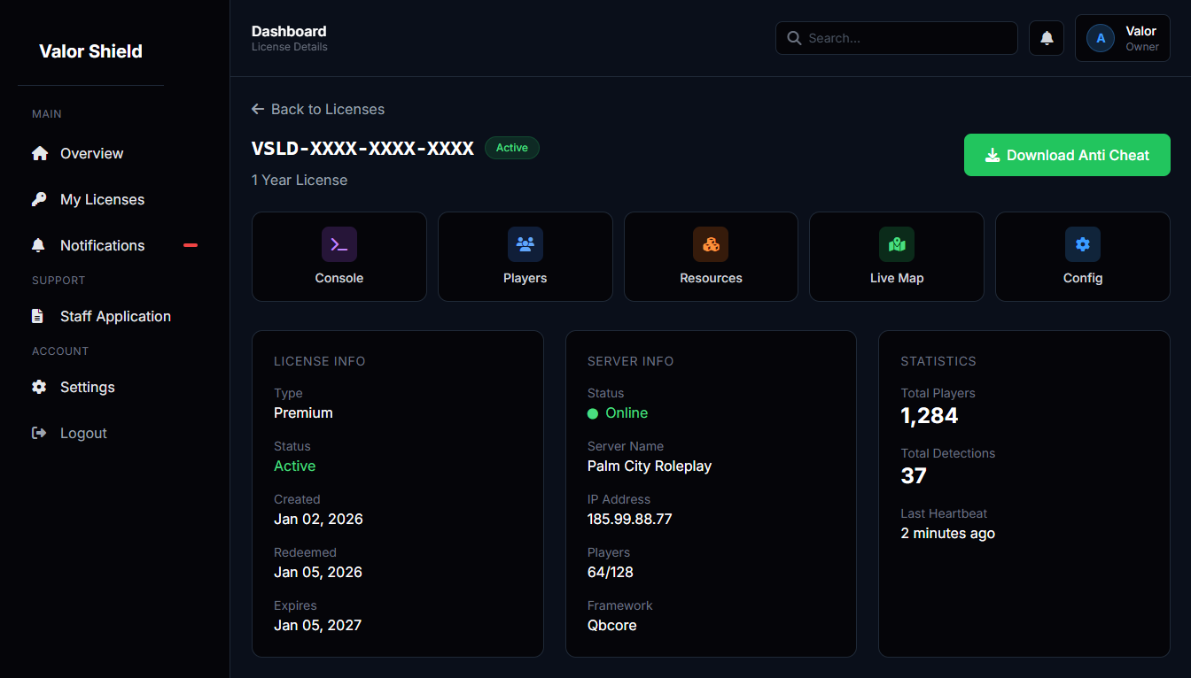 Valor Shield Dashboard